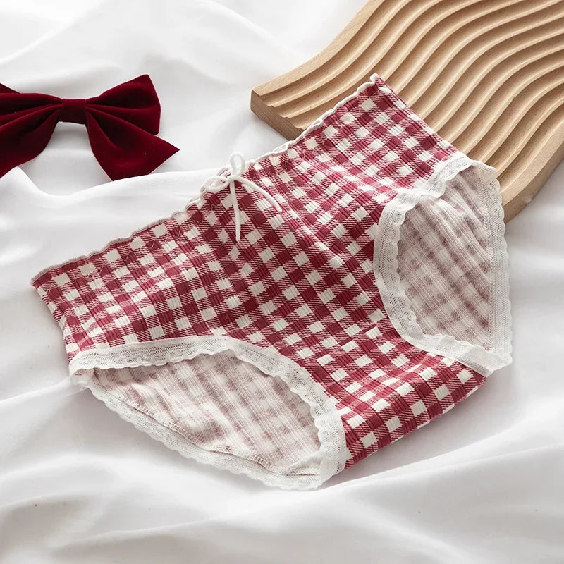 Cute Women's Underwear Red Point Briefs for Girls Bowknot Plaid Female Panties Comfort Seamless Ladies Lingerie Mid Waist Pantys