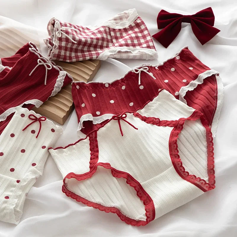 Cute Women's Underwear Red Point Briefs for Girls Bowknot Plaid Female Panties Comfort Seamless Ladies Lingerie Mid Waist Pantys