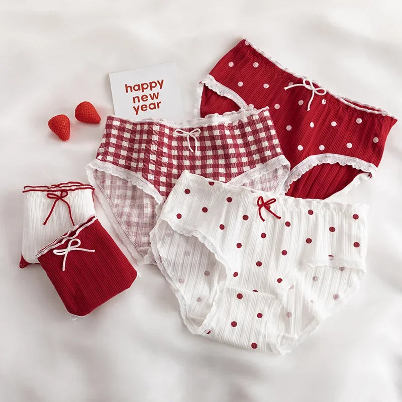 Cute Women's Underwear Red Point Briefs for Girls Bowknot Plaid Female Panties Comfort Seamless Ladies Lingerie Mid Waist Pantys