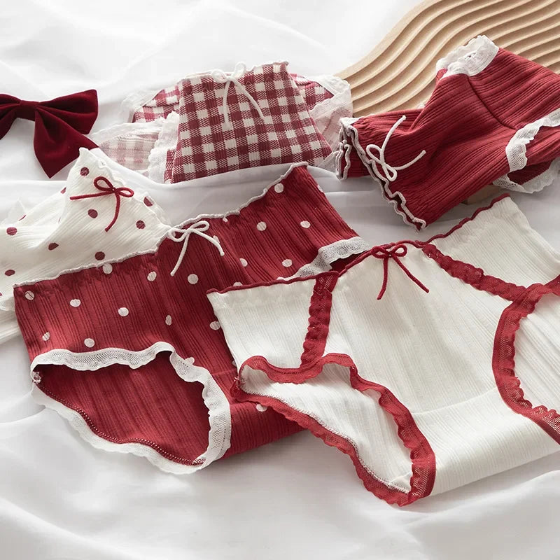 Cute Women's Underwear Red Point Briefs for Girls Bowknot Plaid Female Panties Comfort Seamless Ladies Lingerie Mid Waist Pantys