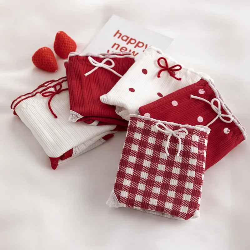 Cute Women's Underwear Red Point Briefs for Girls Bowknot Plaid Female Panties Comfort Seamless Ladies Lingerie Mid Waist Pantys
