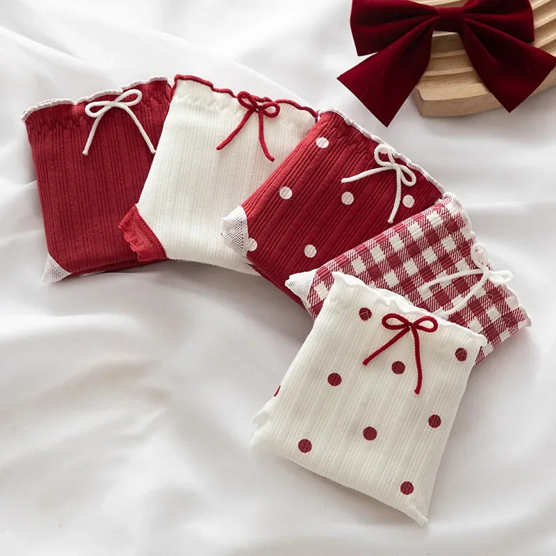 Cute Women's Underwear Red Point Briefs for Girls Bowknot Plaid Female Panties Comfort Seamless Ladies Lingerie Mid Waist Pantys