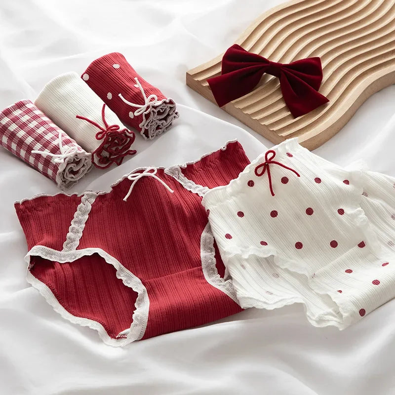 Cute Women's Underwear Red Point Briefs for Girls Bowknot Plaid Female Panties Comfort Seamless Ladies Lingerie Mid Waist Pantys